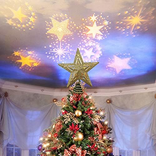 Juegoal karácsonyfa Topper, Kivilágított, Beépített Csillagok LED Projektor fa tetején, világít Üreges Csillogó Csillag