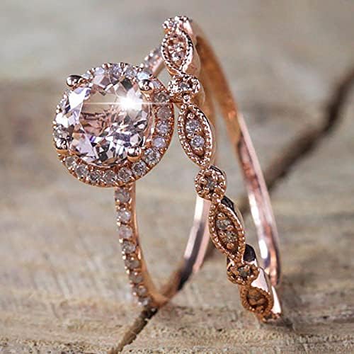 2023 Elegáns Női Rose Gold Tele Morganite Rózsaszín Drágakő Esküvői Gyűrű Készlet Kapcsolódó Gyűrűk (Rose Gold, 8)