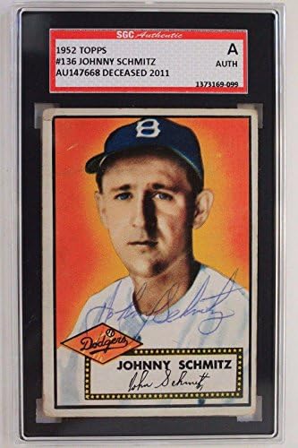 Johnny Schmitz (d.11) Dodgers Autogramot 1952 Topps 136 Aláírt CSKP SZÖVETSÉG Hiteles - Baseball Asztalon Dedikált