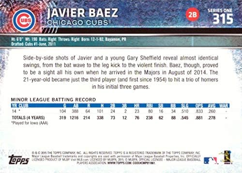 2015 Topps Baseball 315 Javier Baez Újonc Kártya - 1 Hivatalos Kezdő Kártya!